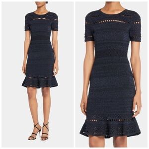 Milly Pointelle Shimmer Knit Midi Dress in Navy Blue and Black